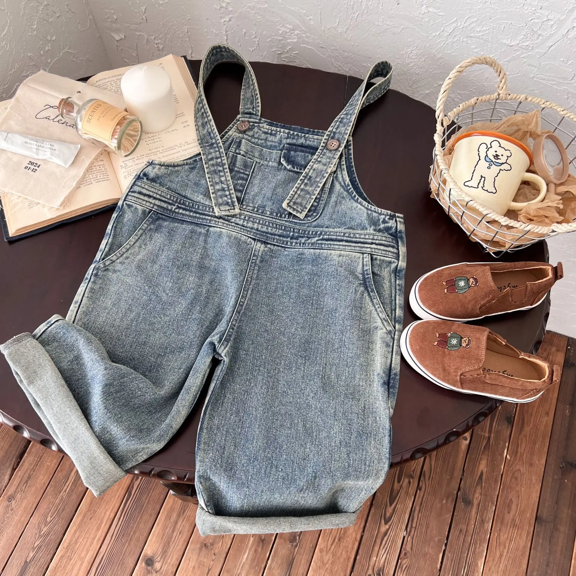 

2024 Korean 2-6 Year Spring Autumn Baby Girls Overalls Straight Drawstring Children Girl Pants Denim Cotton Loose Kid Girl Jeans
