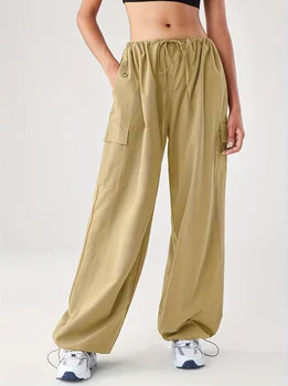 Women's Cargo Wide Leg Pants - Elastic Drawstring Waist Pocketed Loose Fit Casual Trousers