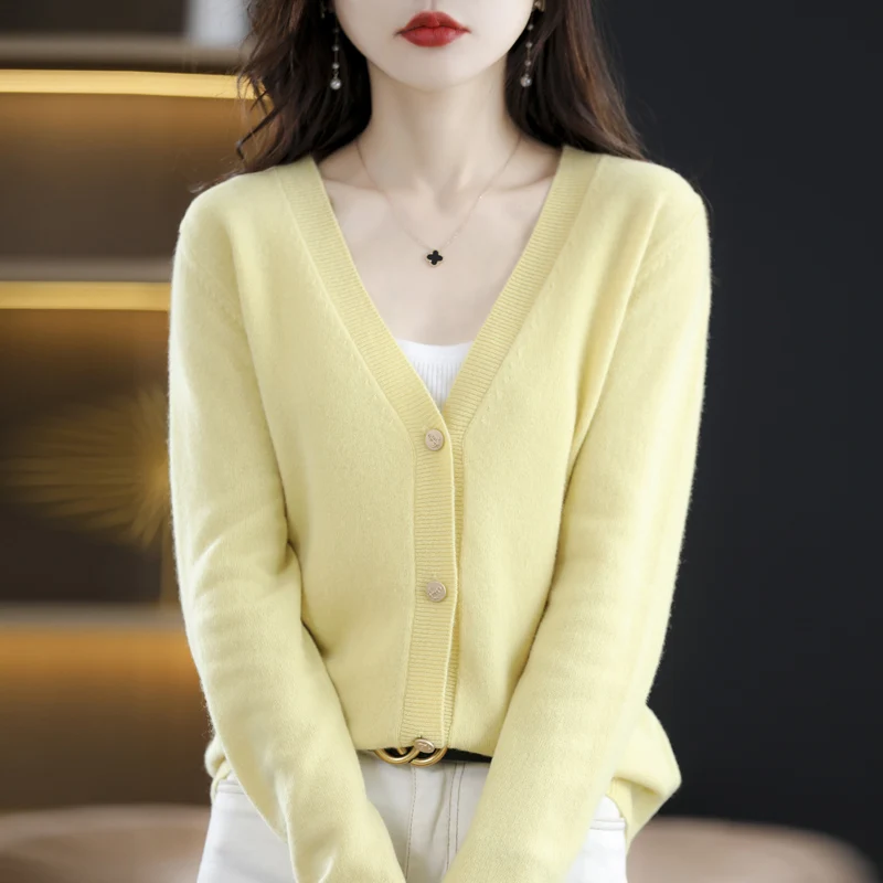 

Spring And Autumn New Knitted Cardigan Women's V-Neck Loose Solid Color Wool Long-Sleeved Short Bottoming Shirt Women's Top