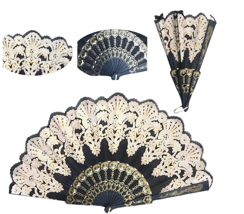 Vacclo Folding Hand Held Fan Flower Lace Black Wedding Dance Party Silk Fans Luxury Fashion Hot Stamping Fan Spanish Style folding fan,hand fan,silk fans