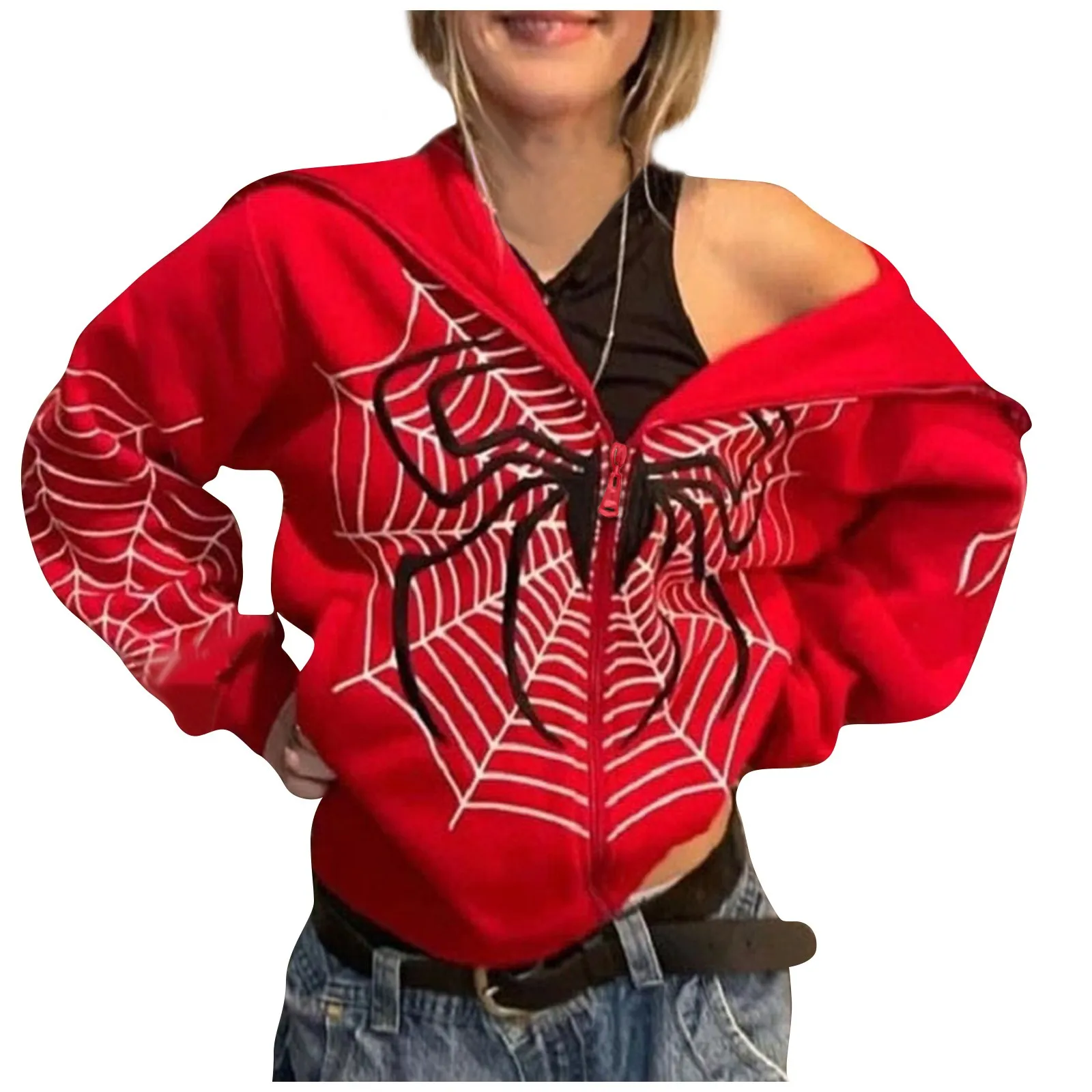 

Women Zip Up Spider W/Eb Print Hoodies Rhinestone Graphic Sweatshirts Long Sleeve Pullover Jackets Streetwear New Women'S