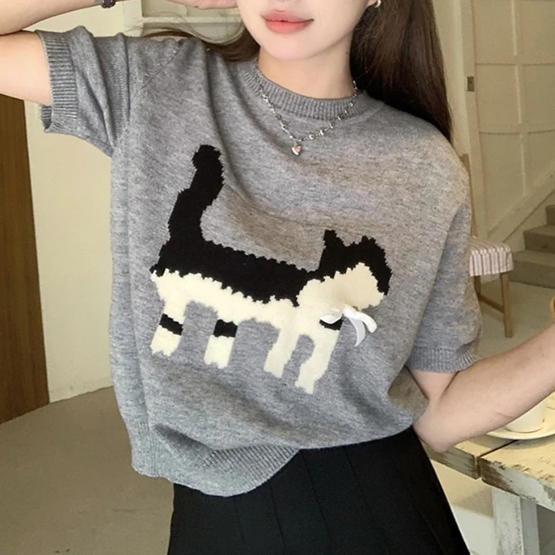 

Cute Jacquard Knitted T Shirt for Women Summer Vintage Loose Short Sleeve O-Neck Tee Casual Sweater T-shirts Crop Top