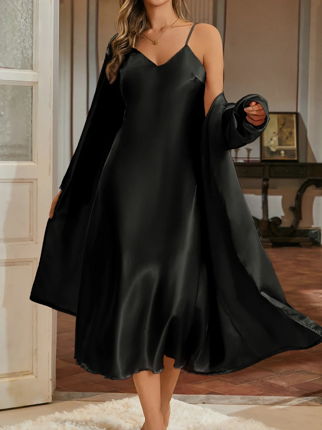 Conjunto de Dos Piezas para Mujer, Elegante Camisón Largo con Cuello en V y Bata Extra Larga, Camisola Extra Larga, Bata de Color Sólido, Conjunto para Estar en Casa