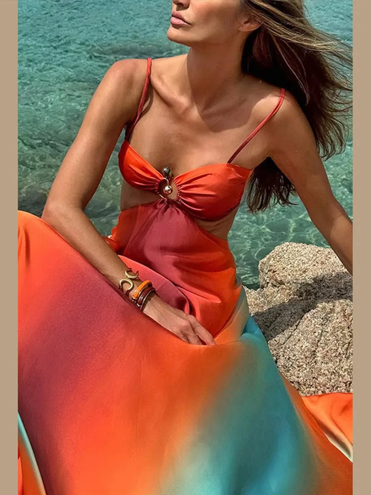 Fashion Gradient Hollow Out Maxi Dress Women Bohemia Spaghetti Strap Sleeveless Backless Beach Dresses Female Vacation Chic Robe 6