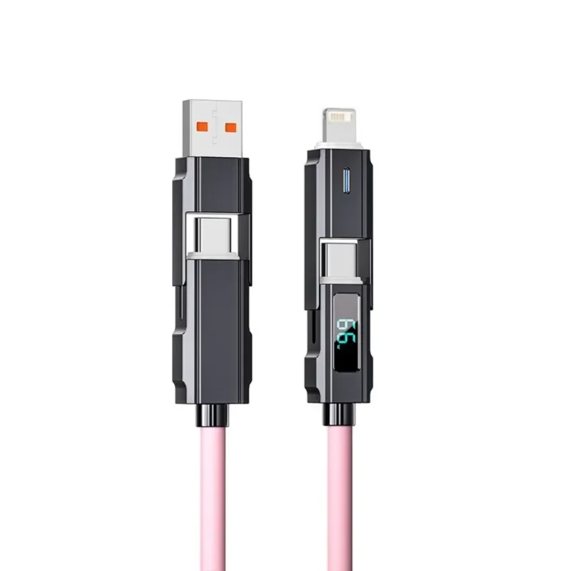 4 in 1 USB C Data Cable Digital Display Silicone for Iphone PD 66W Zinc Alloy Fast Charging Cable Line Type C with LED Design