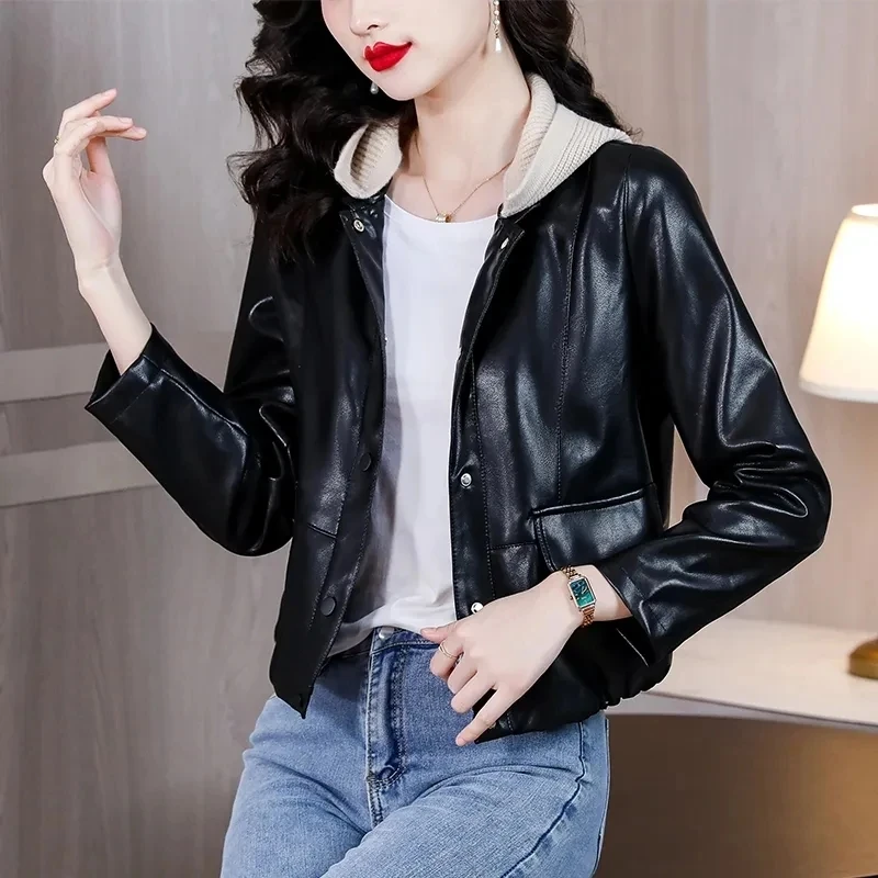 2023 Autumn New Fashionable Hooded PU Leather Jacket Women\'s Short Leather Coat Korean Trend Motorcycle Wear Leather Overcoat
