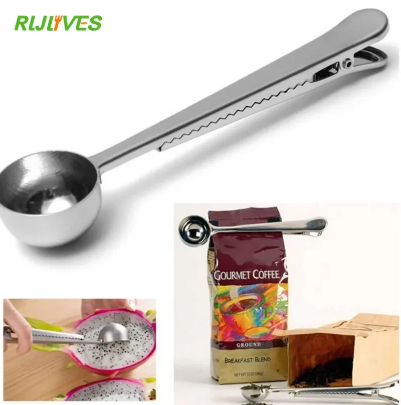 Multifunction Stainless Steel Coffee Scoop with Clip Coffee Tea Measuring Cup Fruit Ice Cream spoon
