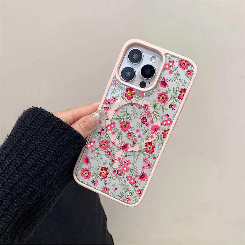 Magnetic Clear Phone Case with Green Leaf & Pink Floral Design