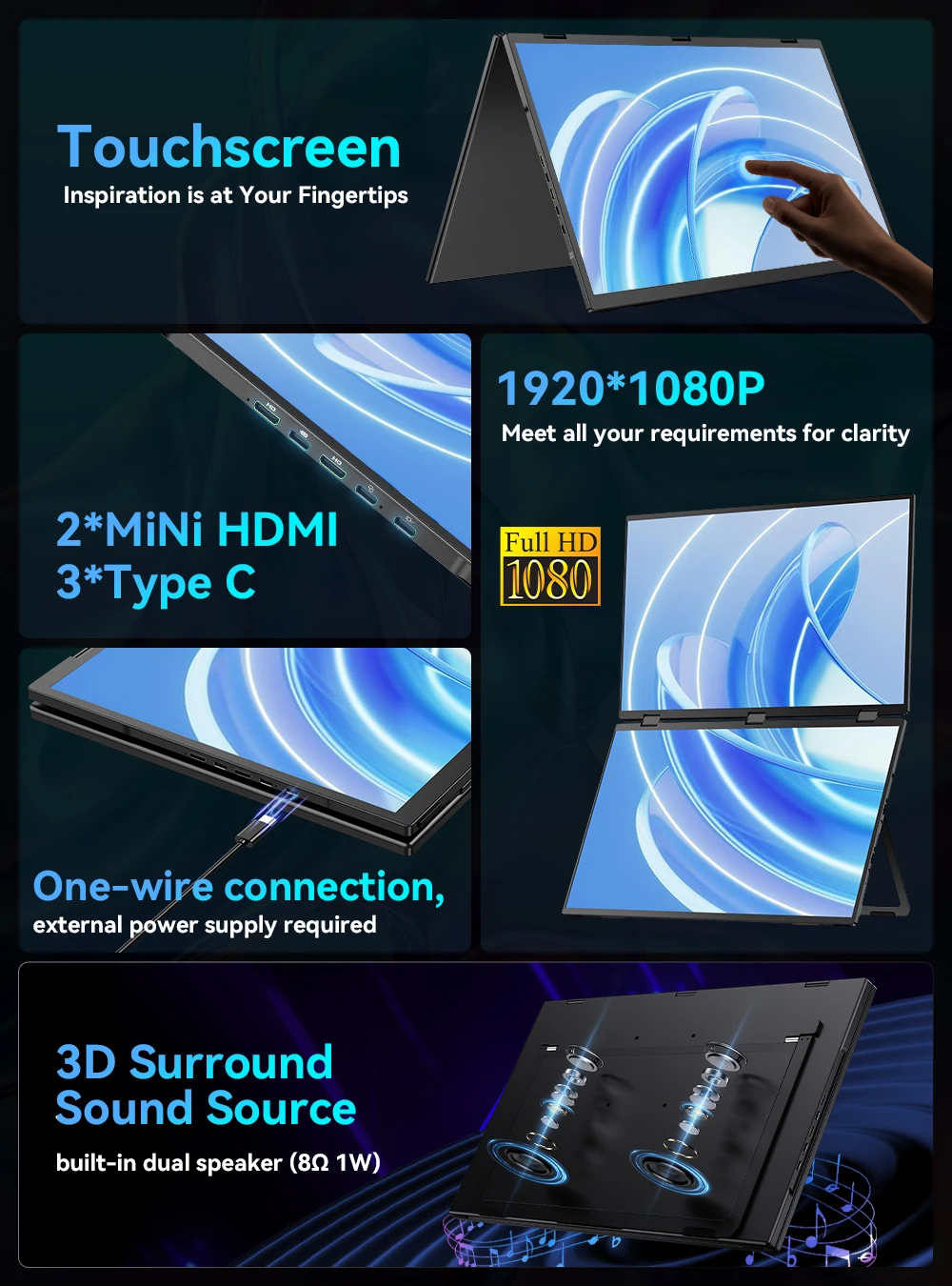 UPERFECT Delta 18.5 100Hz 터치스크린 듀얼 트리플 휴대용 모니터 1080P USB-C HDMI HDR 접이식 디스플레이 노트북 PC 전화 게임 콘솔용