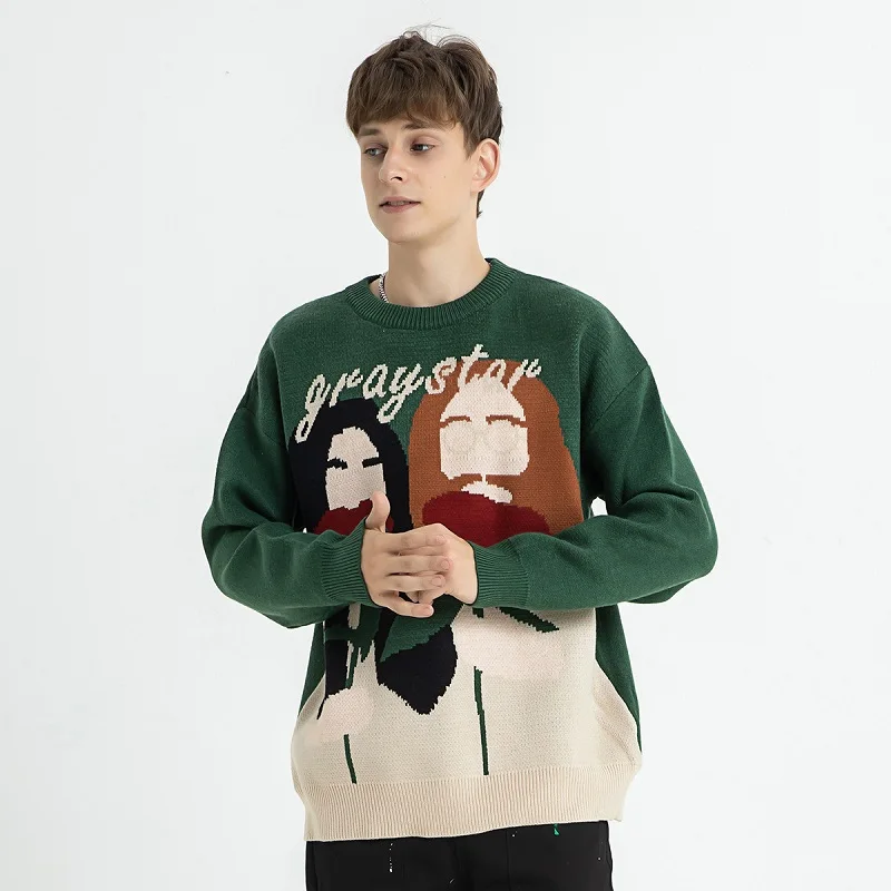 

Мужской Жаккардовый свитер с мультяшным рисунком, новый зимний модный свободный винтажный вязаный свитер, уличная одежда, высококачественные парные пуловеры для мужчин