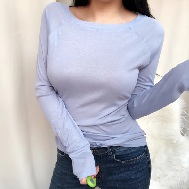 

2023 Spring Summer Korean Style Womens Tops Thin See Through Elastic T Shirt Women Cotton Long Sleeve Slim Plain Tee Shirt Femme