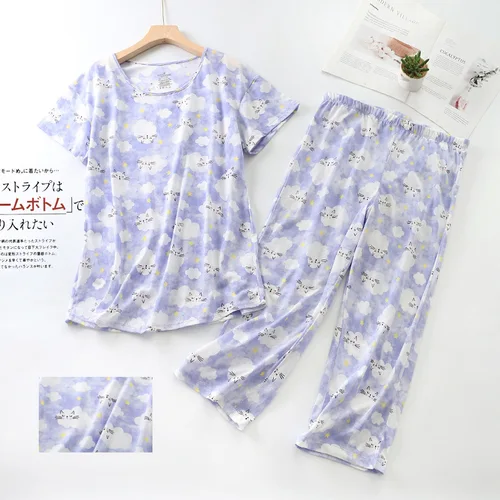 여름 자른 바지 잠옷 여자 플러스 크기 100kg 귀여운 짧은 소매 아늑한 코 튼 캐주얼 homewear 잠 옷을 설정 2