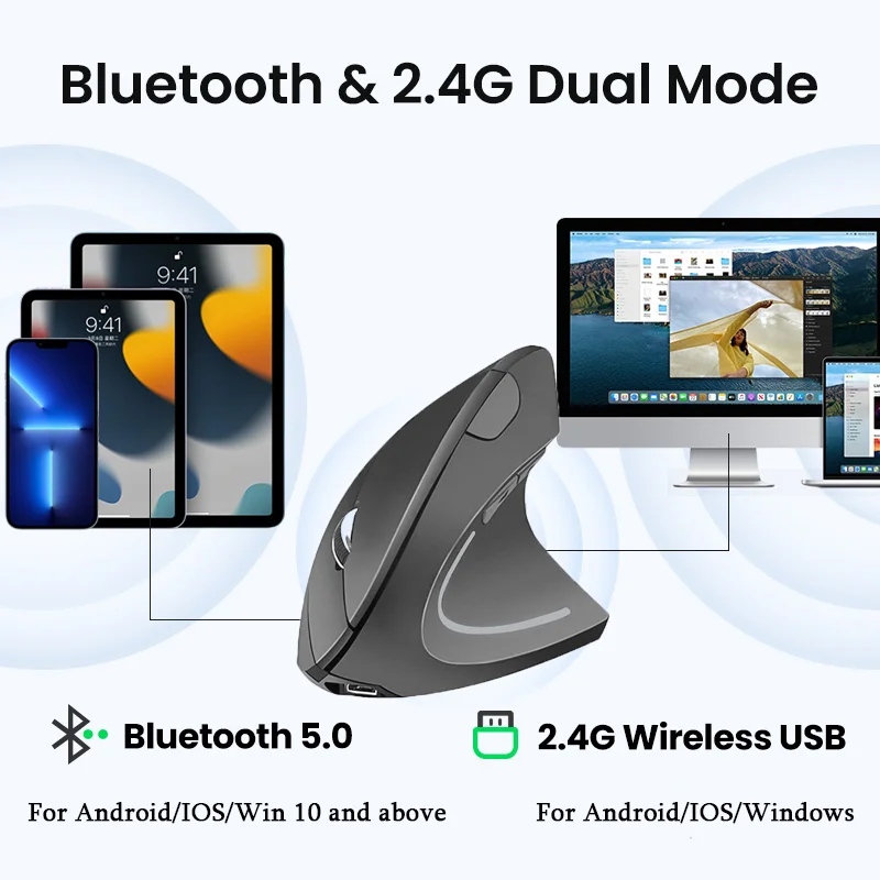 Souris verticale ergonomique sans fil, Rechargeable, Bluetooth, USB, pour ordinateur de jeu, double Mode, pour ordinateur portable, PC de bureau