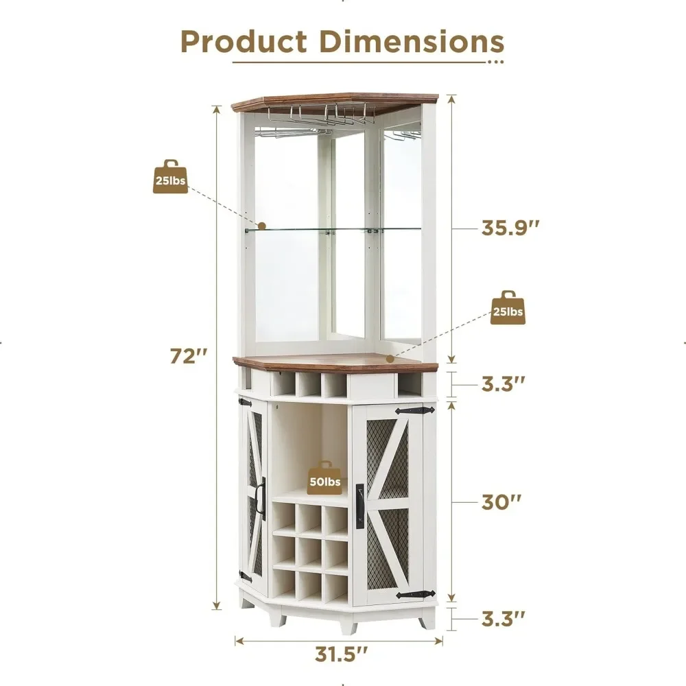 Bar Cabinet, Cabinets with Barn Door & Adjustable Shelf, Home Bars Cabinets with LED Light & Glass Rack, Bar Cabinet