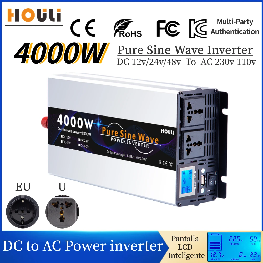 

Pure Sine Wave Inverter 3000W 4000W Power Converter 12v 24v 48v to AC 220v 230v Solar Car Inverters With USB charge Transformer