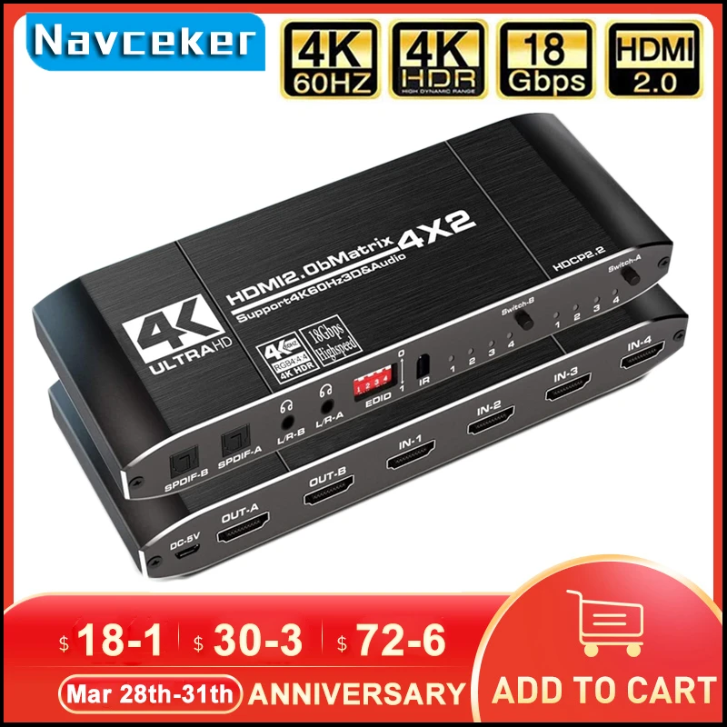 2024 Hdmi Matrix 4X2 4K @ 60Hz Hdr Switch Splitter 4 In 2 Out Yuv 4:4:4 Optical Spdif + 3.5Mm Jack Audio Extractor Hdmi Switcher
