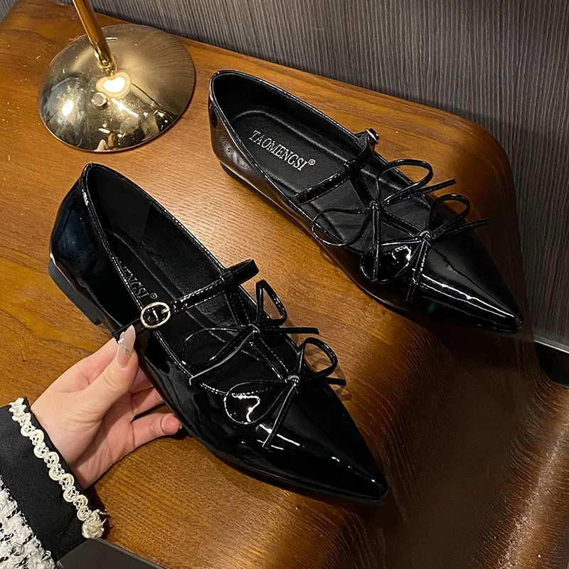 Red Footwear Shallow Flats Shoes For Women Pointed Toe Female Butterfly-Knot Fashion T-Strap Ladies Mary Janes Flats Shoes 3