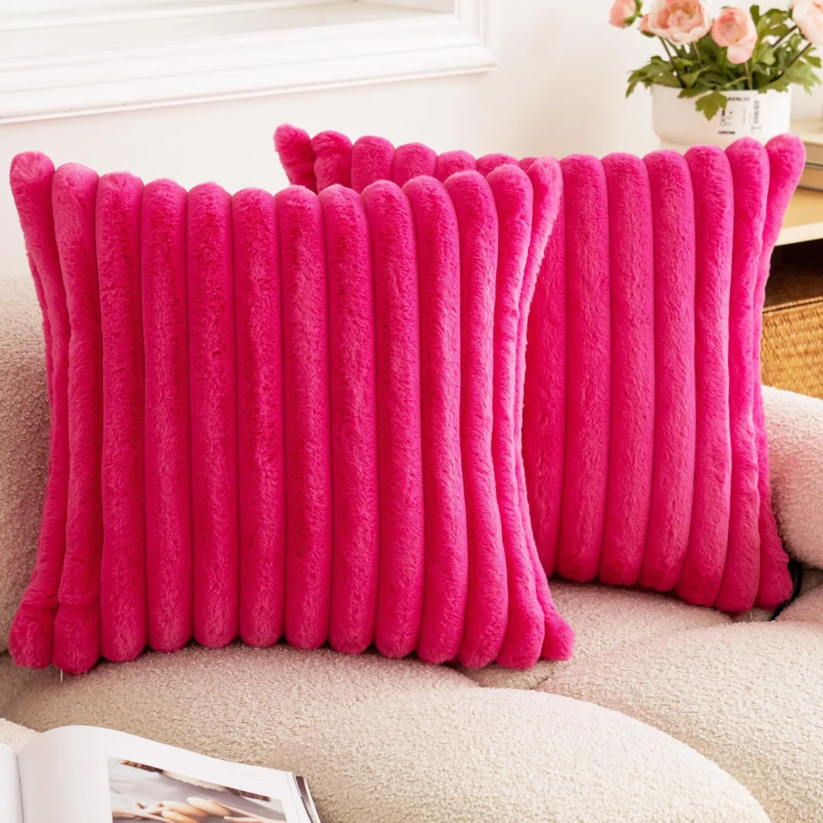 Luxurious Faux Rabbit Fur Striped Cushion Cover – Super Soft Solid Color (24×24 inch)