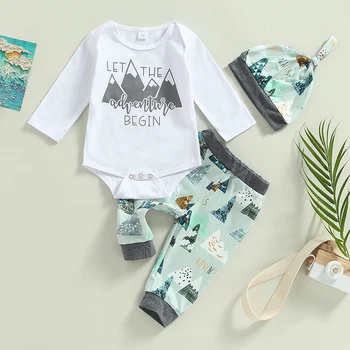 Infant Boys Autumn Clothing Set with Letter Mountains Print Romper Crew Neck Long Sleeve Top Elastic Waist Pants and Hat - 3 5