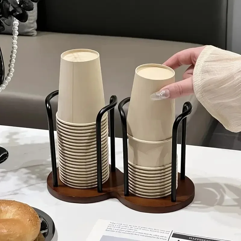 Disposable Cup Storage Holder Rack Shelf Water Tea Cups Wood Dispenser with Longer Stick Mug Display Stand Organizer Supplies 3