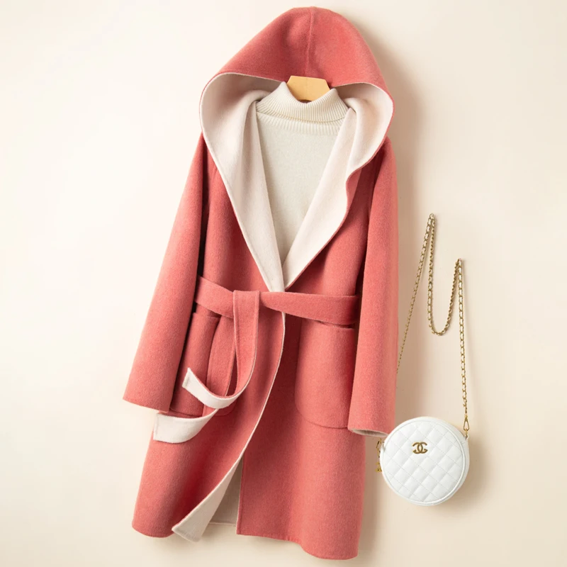 West-Drawn Red Wool Coat Women's Hooded Lace-Up Cardigan With Pockets Short Loose And Comfortable Top Double-Sided Woolen Jacket