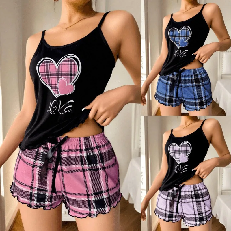 Women Sexy Suspender Shorts Thin Pajamas Letter Print Plaid Shorts Large Pajamas Romantic Home Wear Sexy Nightwear Short Pajama 1