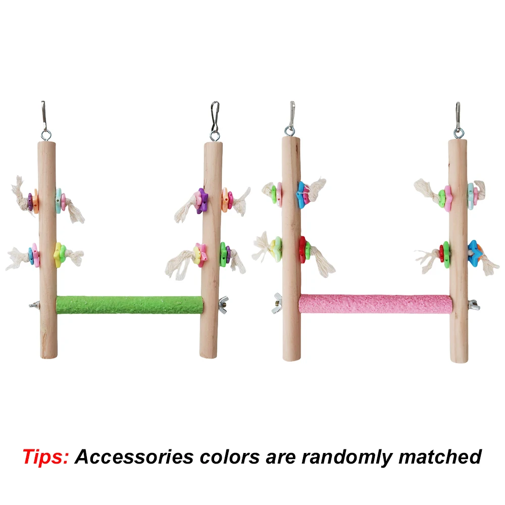 Colorful Solid Wood Bird Swing Toy with Frosted Rod Perch & Claw Care Chew Toy for Pet Bird Parrot Decorative Cage Accessory 1pc