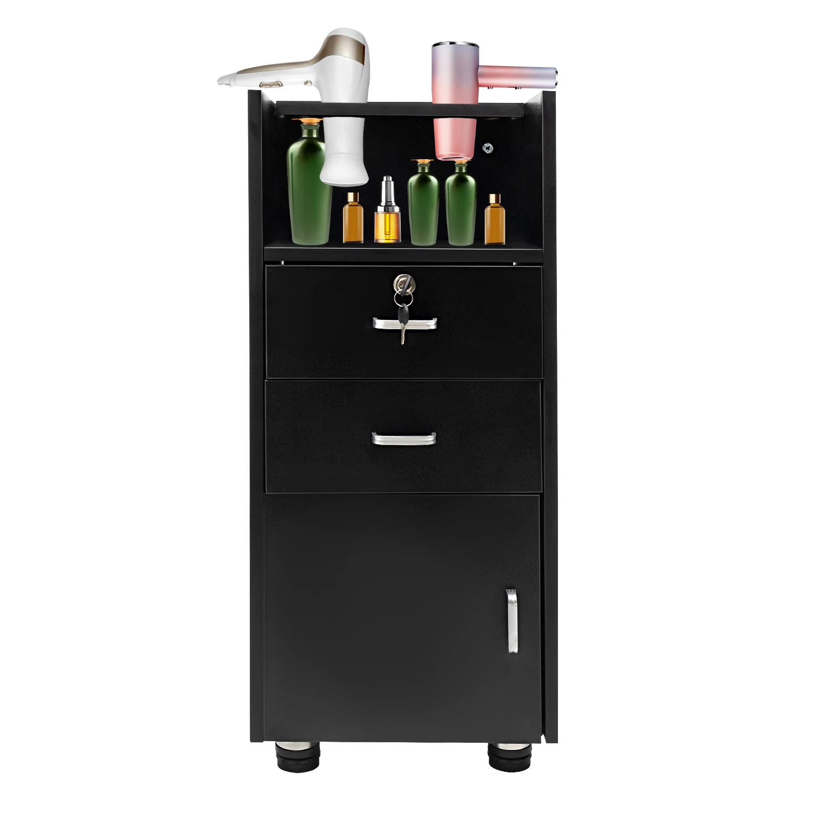 

Black Movable Barber Stations Rolling Salon Storage Cabinet Beauty Trolley With 2 Hair Dryer Holders For SPA Salon Use