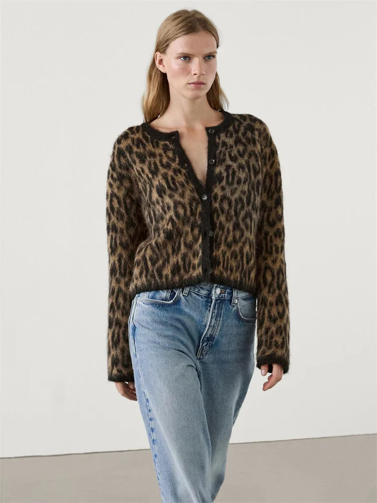 Suéter tipo cárdigan de leopardo para mujer, con estampado de moda en contraste, holgado, de manga larga, para ir al trabajo, cárdigan de otoño para mujer