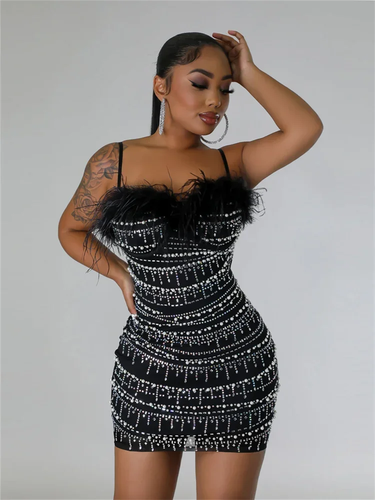 Wmstar  Dresses  Rhinestone Pearl Feather Party Club Outfits for Women Spaghetti Strap Cleavage Package Hip Bodycon Short Dress
