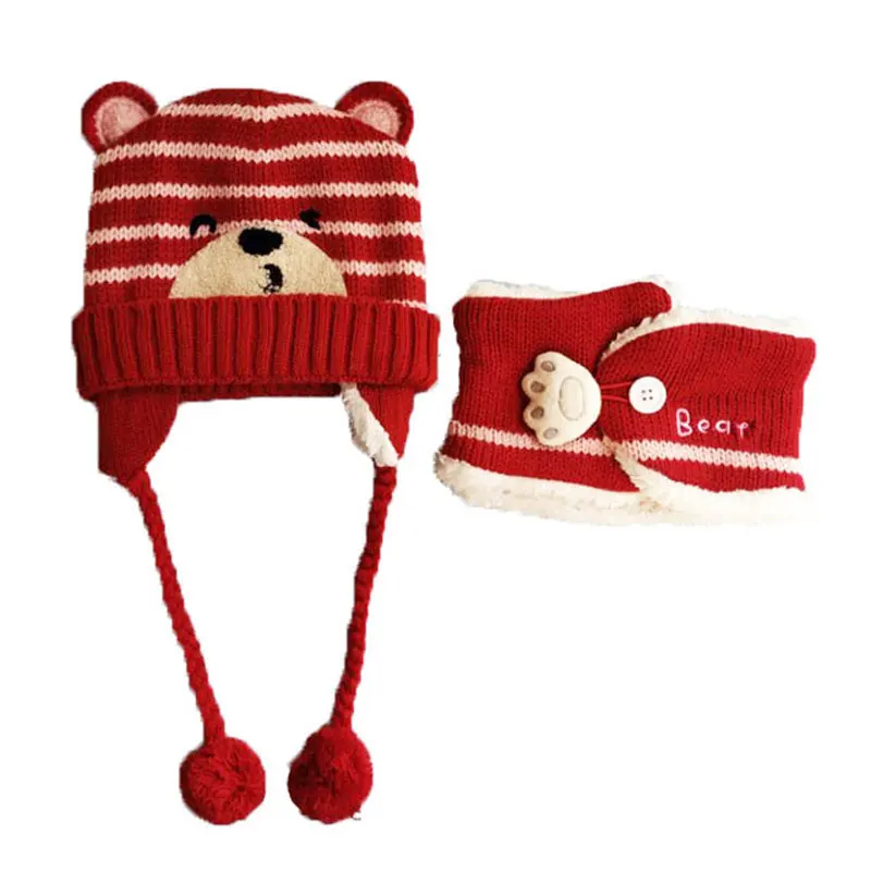 Winter Baby Girl Hat Scarf Set For Children Boys Kids Cartoon Bear Stripe Knit Ear Beanie Cap And Button Paw Scarves Warm Suit