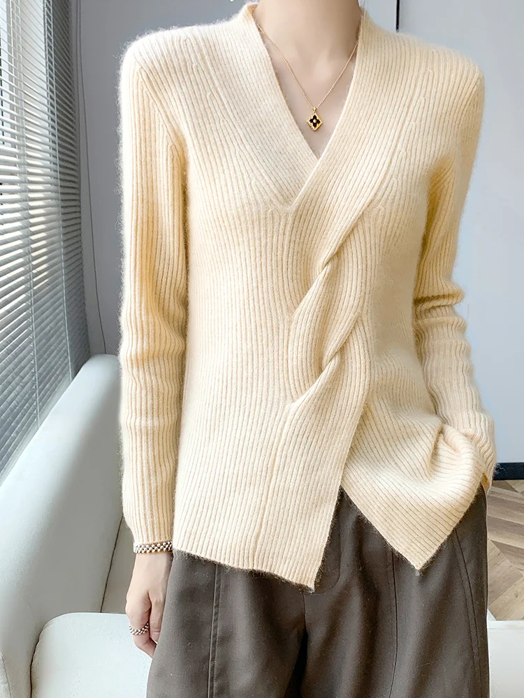 Suéter de Cachemira con cuello en V trenzado para mujer, jersey de lana merina pura, Top calado, primavera y otoño, 100%