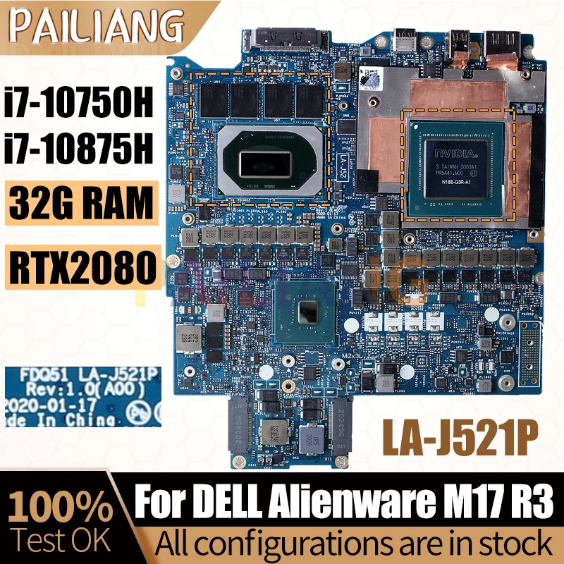 

For DELL Alienware M17 R3 Notebook Mainboard LA-J521P i7-10750H RTX2080 RAM 32G 0463WD 0RNY7V Laptop Motherboard Full Tested