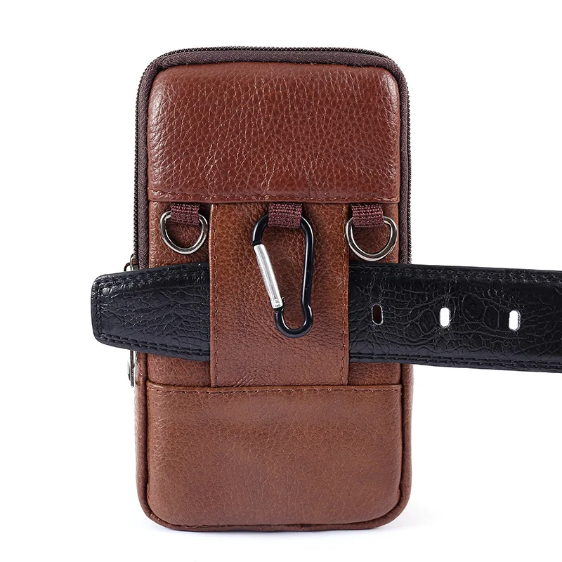 Men's Brown Leather Multi-Layer Buckle Waist Bag with Large Capacity