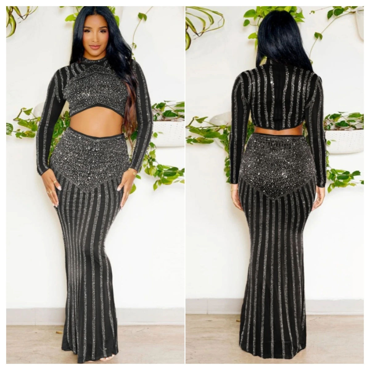 Diamonds Two Piece Set Dress Women Sexy O Neck Long Sleeve Crop Tops High Waist Slim Bodycon Maxi Skirts Party Suits Clubwear