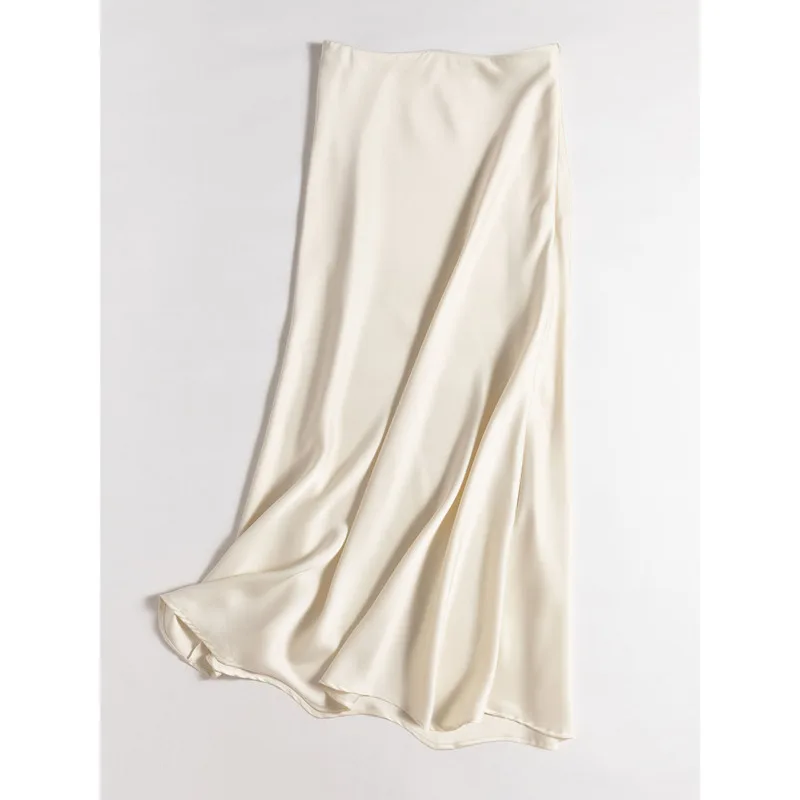 

Spring Summer Women Satin Skirts Elastic Waist Elegant Solid Color A-line Smooth Fishtail Skirt