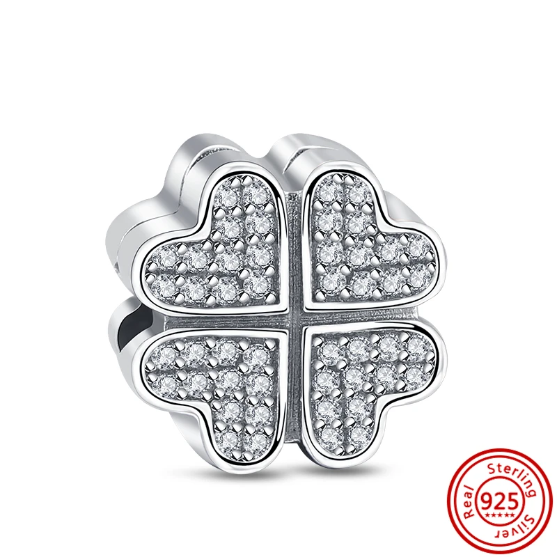 Four-Leaf Clover Cat Dog Animal Pendant Family Clip Beads Charm Jewelry Fit Original Pandora Charm Bracelet DIY 925 Silver
