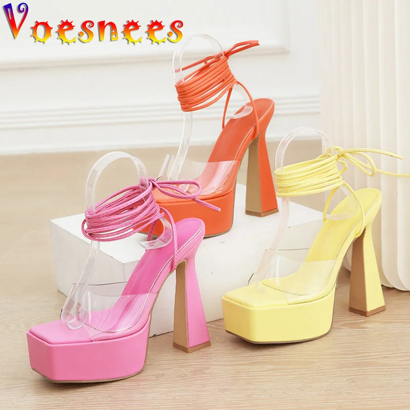 

2023 New Square Head Platform Sandals Nightclub Cross Lace-up High Heels Summer Transparent PVC Fashion Women Shoe Party Wedding