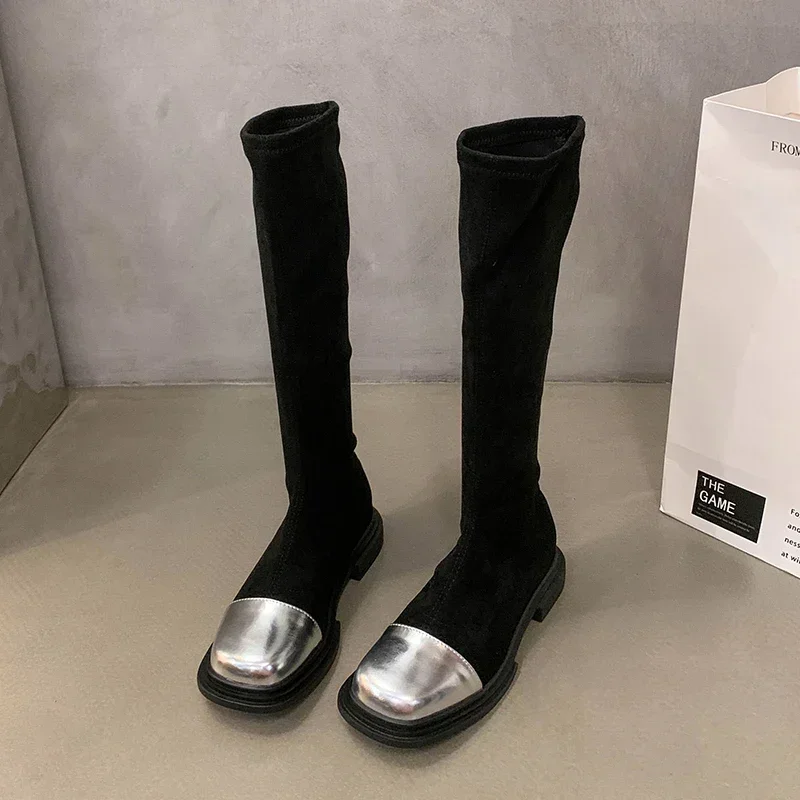 2023 NEW Sllip on Women Elastic High Boots Fashion Square Toe Long Booties Ladies Elegant Low Heel Shoes Winter Women's Footwear