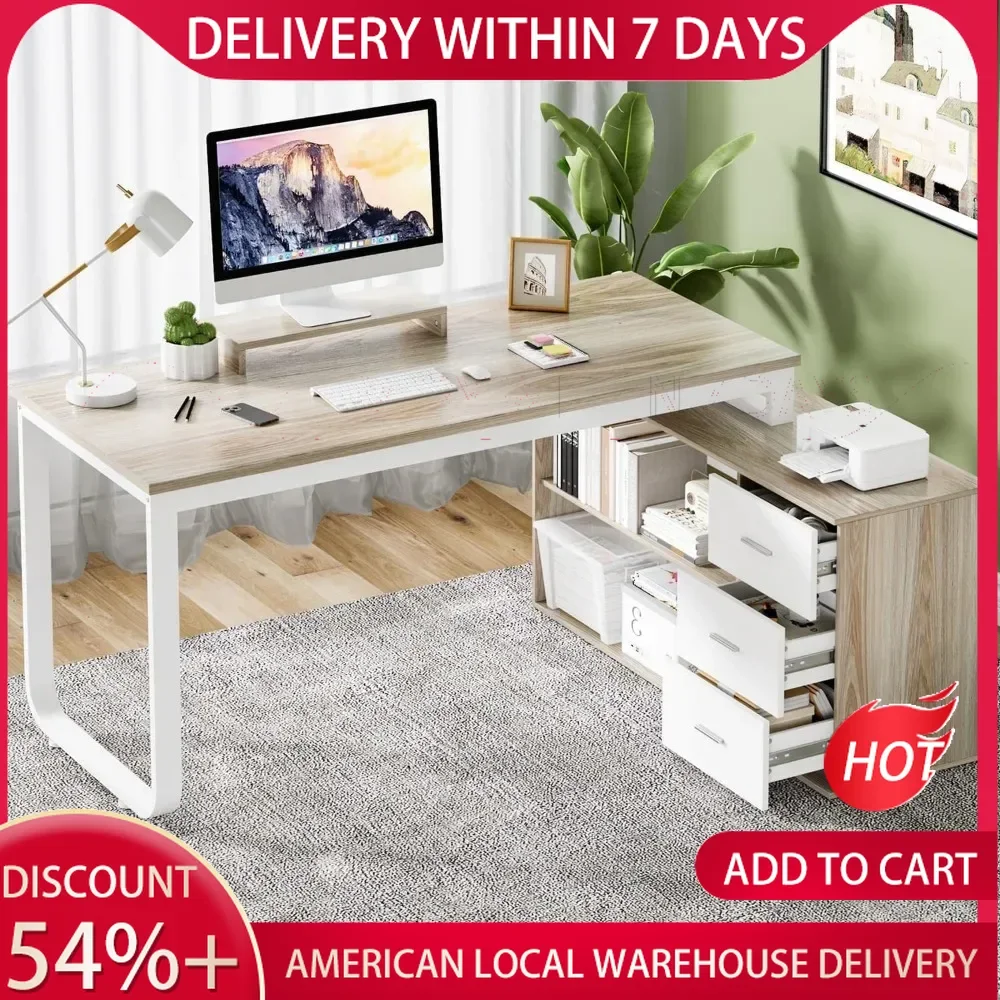 Desk with Drawers, 55 Inch L Shaped Computer Desk with Storage Shelves, Corner Desk with Removable Monitor Stand, Study 2