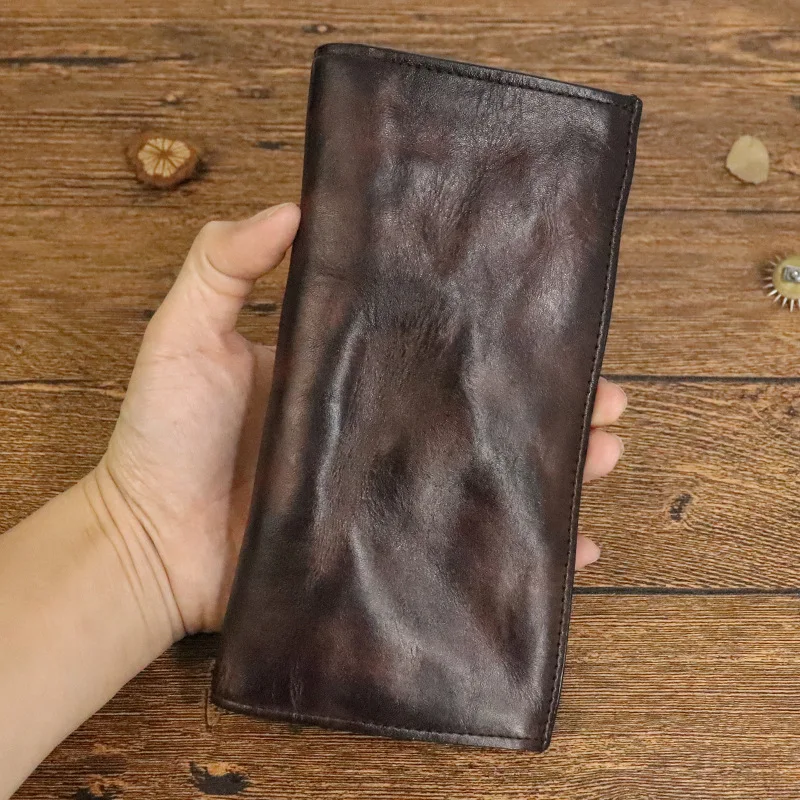 Handmade Vintage Leather Long Wallet for Men with Multiple Card Slots and Coin Holder
