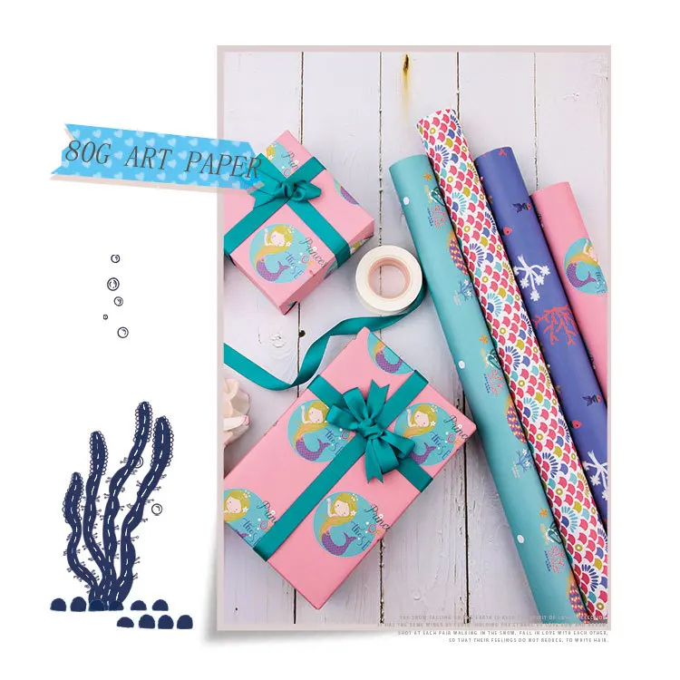 Rouleau de papier cadeau - Motif écaille de sirène et méduse avec feuille  colorée pour anniversaire, vacances, baby shower - 4 rouleaux - 30 pouces x  120 pouces par rouleau 