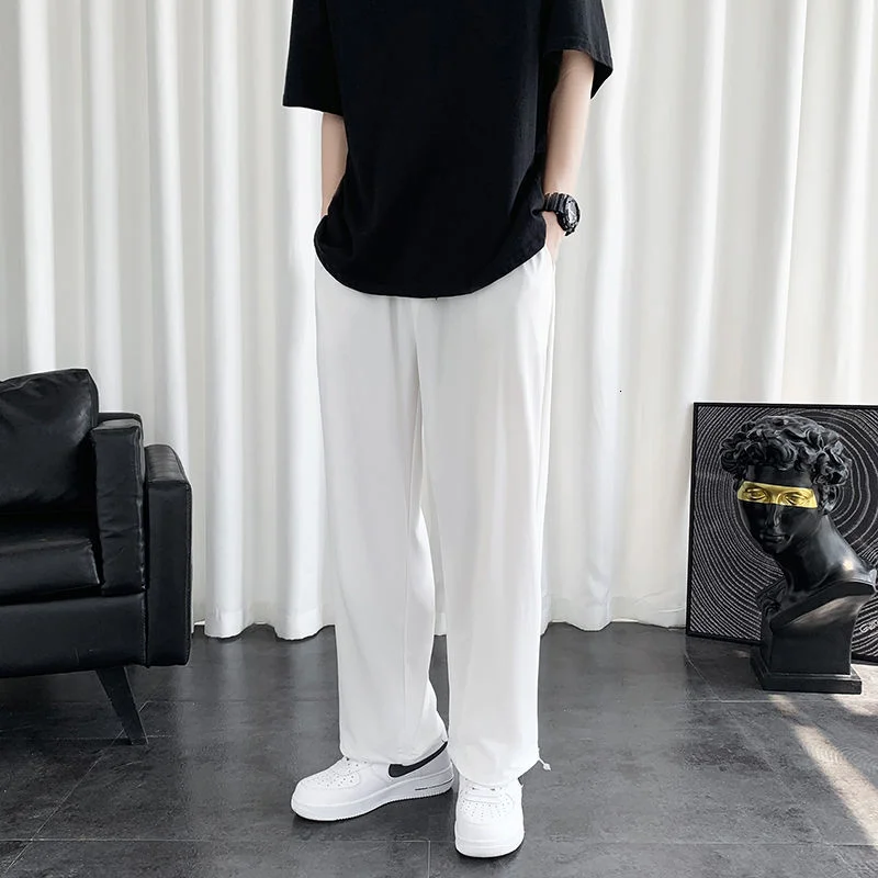 

Thin Casual Men's Fashion Gray Black White Wide-leg Men Streetwear Loose Breathable Ice Silk Pants Mens Trousers