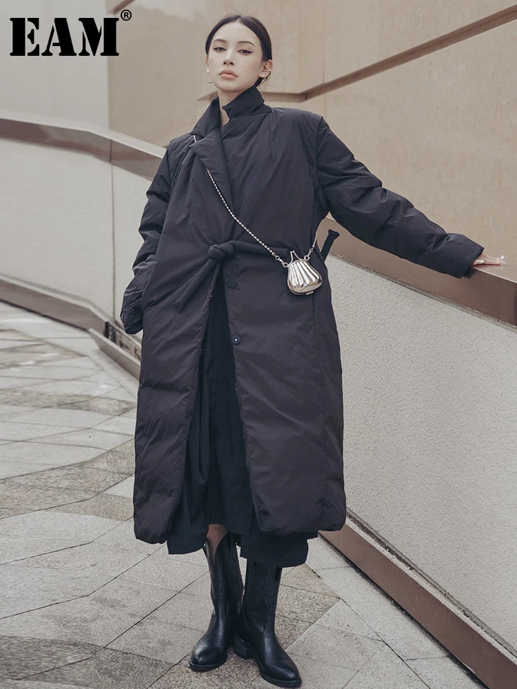 

[EAM] Black Two Ways Wear Big Size Long Down Jacket New Hooded Long Sleeve Warm Women Parkas Fashion Autumn Winter 2024 1DF2658
