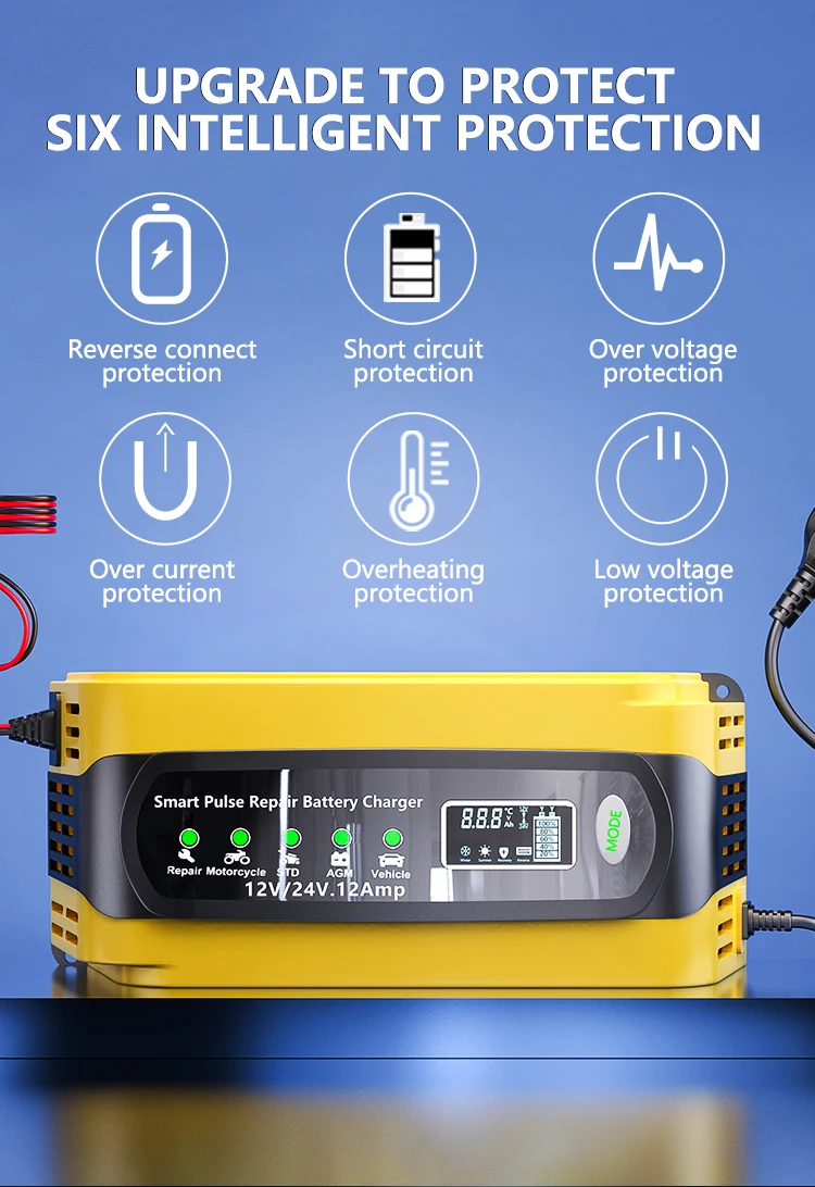 12V 12A 24V 6A Pulse Repair Charger with LCD Display, Motorcycle & Car Battery C