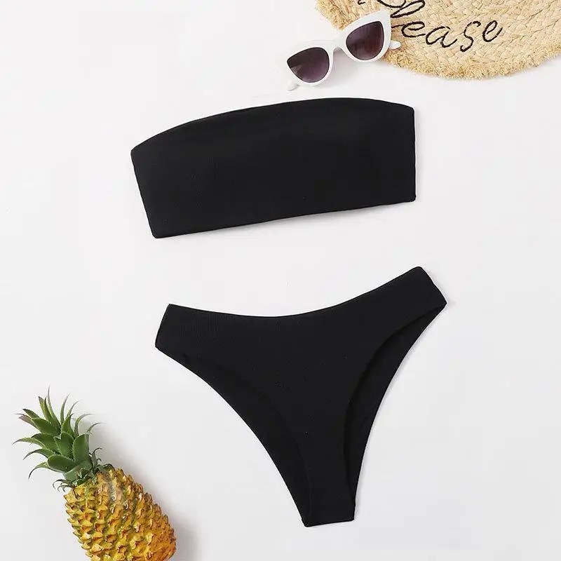 

2023 Women's New Solid Color Breasttop Lace-up Separate Swimsuit Europe and The United States Sexy High Waist Halter Bikini