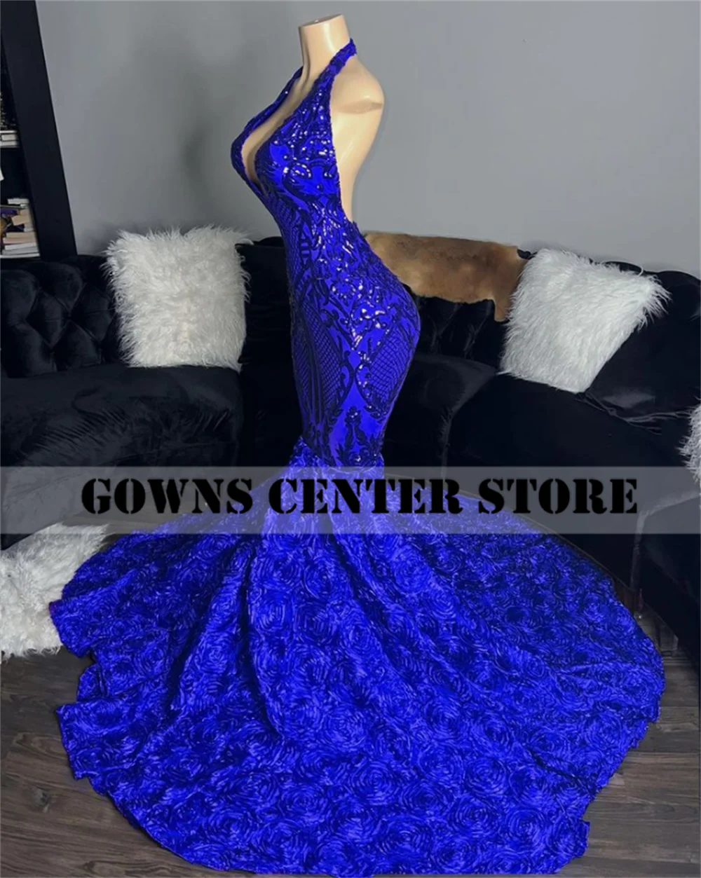 Royal Blue Sequined Prom Dresses For Black Girl Halter Evening Gown African Formal Gown Wedding Party Dress women prom dresses