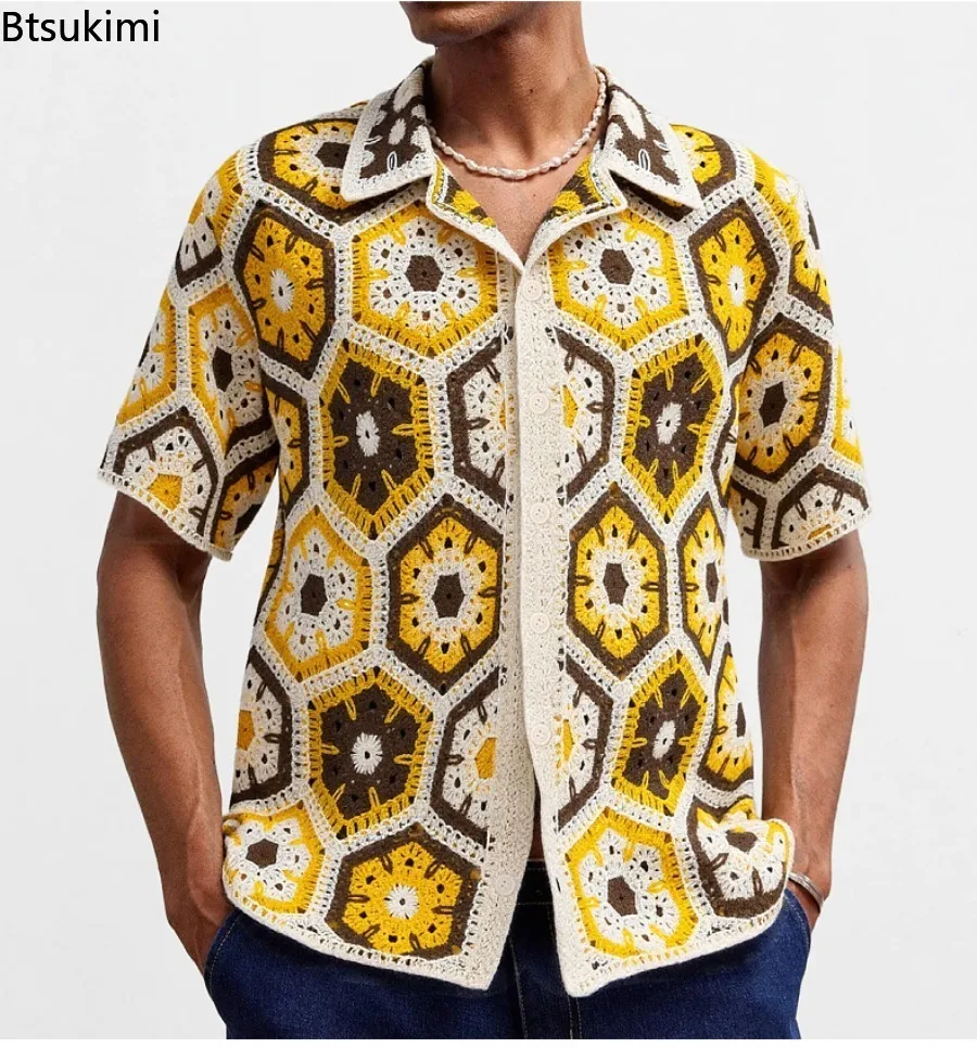 Nuove Polo da Uomo 2026 in Maglia Colorata a Quadri Stile Etnico, Cardigan Estivi Casual a Maniche Corte, Top Lavorati a Maglia da Uomo - immagine 5