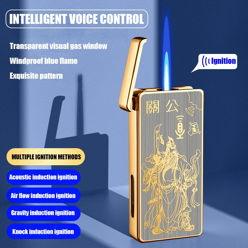 Gas Lighter Intelligent Voice-activated Windproof Flame Lighter Airflow Gravity Sensing Knock Ignition Visual Gas Window Men Gadget