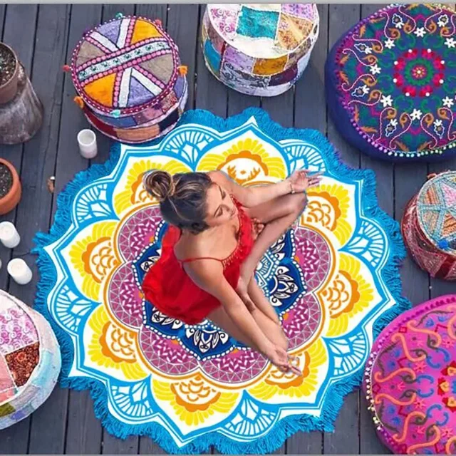 Yoga Mat Chakra Beach Towel Tassel Toalla Mandala Tapestry Sunblock Round Cover-Up Bath Towel Lotus Bohemian  150cm